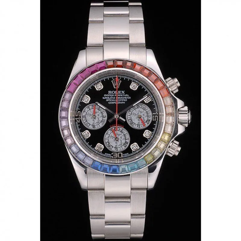 Daytona Cosmograph Rainbow Crystals Bezel Stainless Steep Strap Black Dial 80250