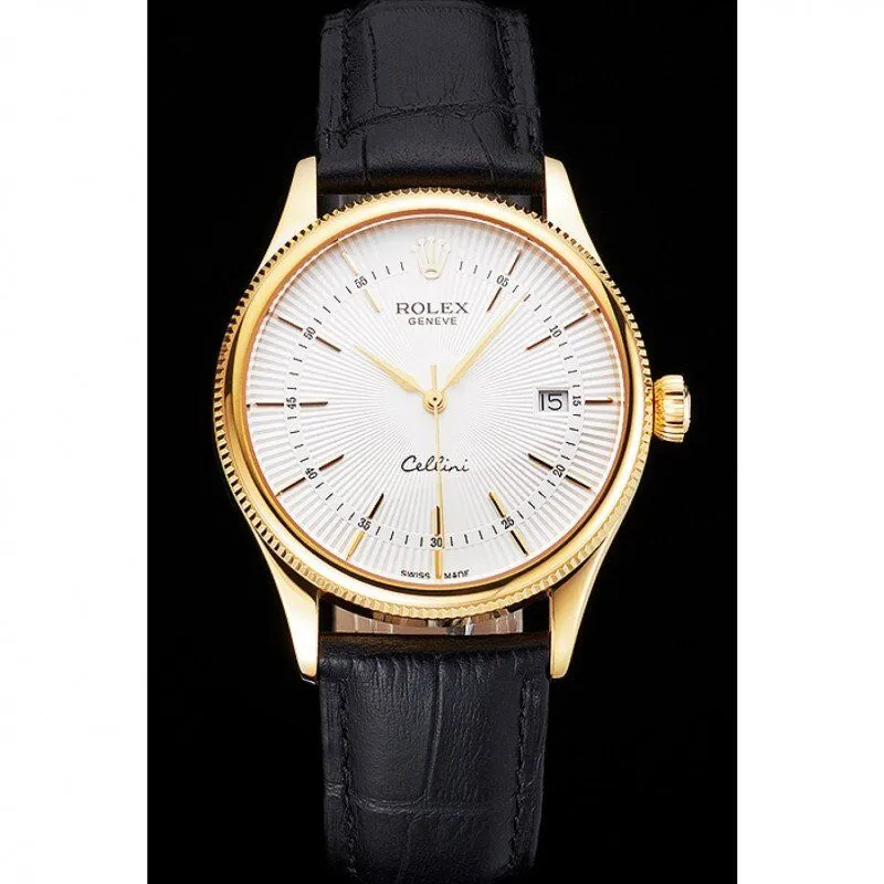 Swiss Cellini Date White Dial Gold Case Black Leather Strap