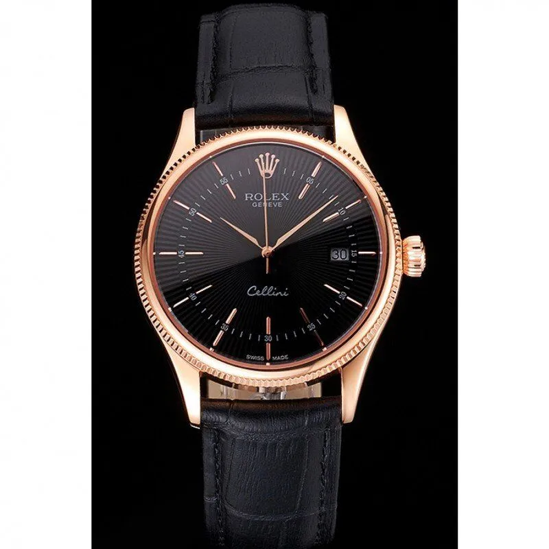 Swiss Cellini Date Black Dial Rose Gold Markings Rose Gold Case Black Leather Strap