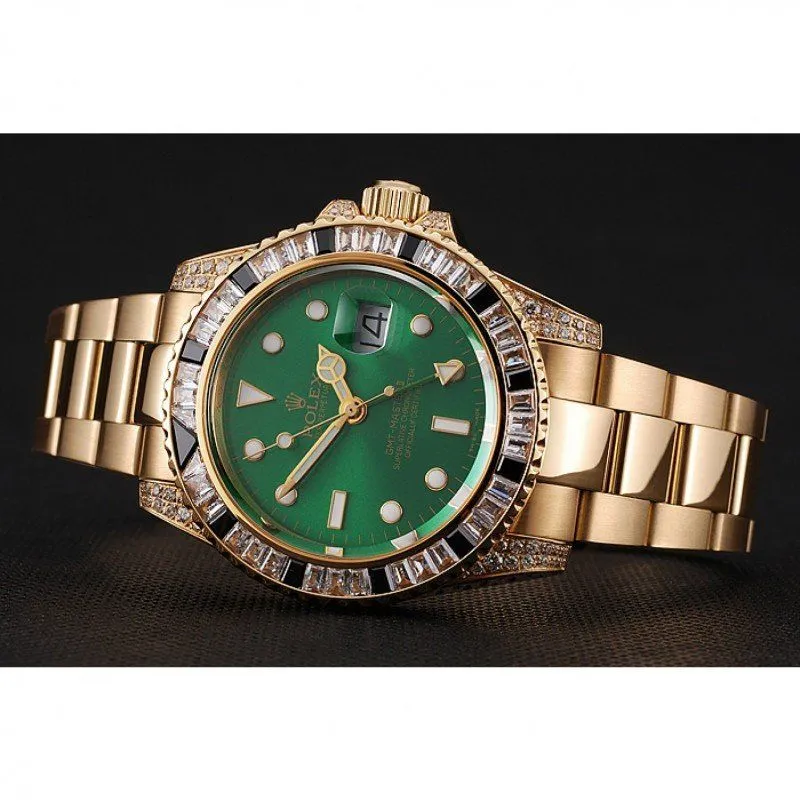 Swiss GMT Master II Green Dial Stone Set Bezel Gold Case And Bracelet 1453748