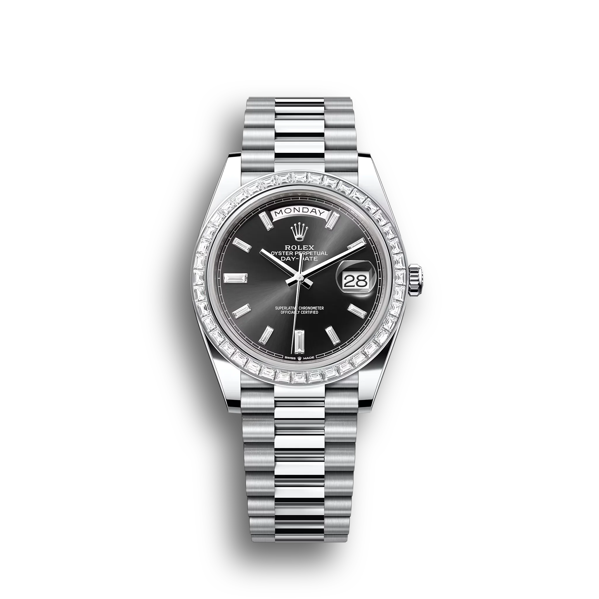 Day-Date: platinum, bright black, diamond-set dial, diamond-set bezel, President bracelet, m228396tbr-0012