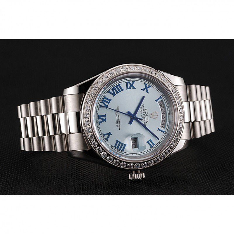 Swiss Day-Date Ice Blue Dial Diamond Case Stainless Steel Bracelet 1453962