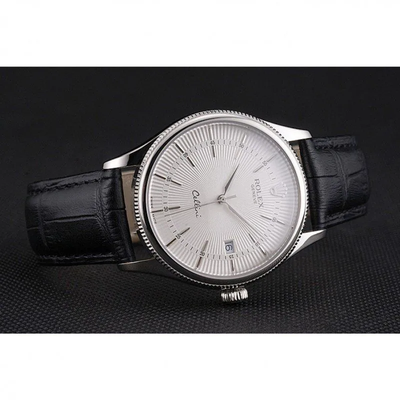 Swiss Cellini Date White Dial Stainless Steel Case Black Leather Strap