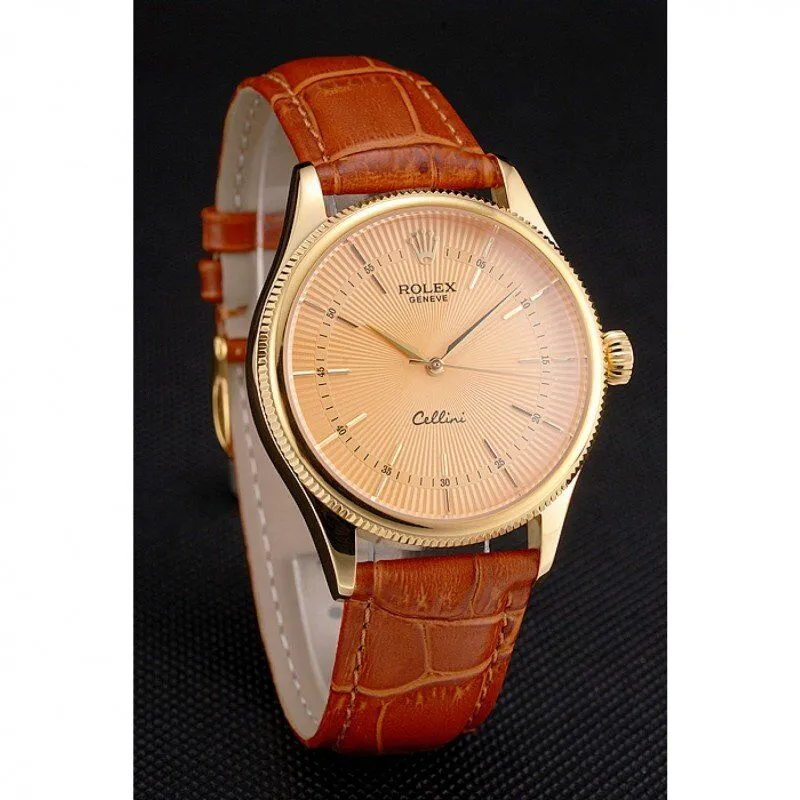 Swiss Cellini Gold Dial And Markings Gold Case Light Brown Leather Strap
