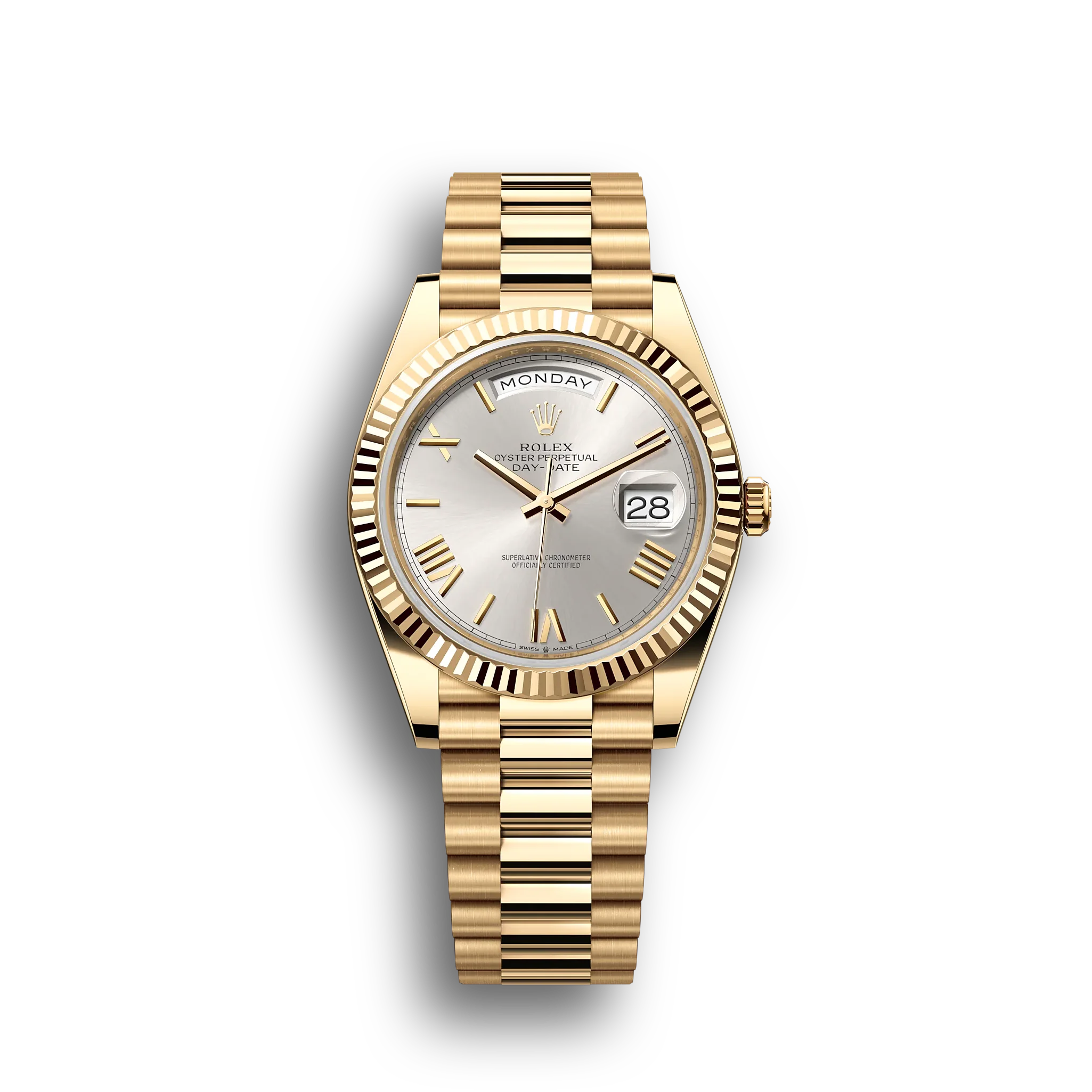 Day-Date: Yellow gold, silver dial, fluted bezel, President bracelet, m228238-0002