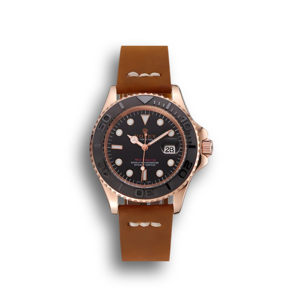 Yacht-Master Black Dial Rose Gold Case Brown Leather Bracelet 1453861