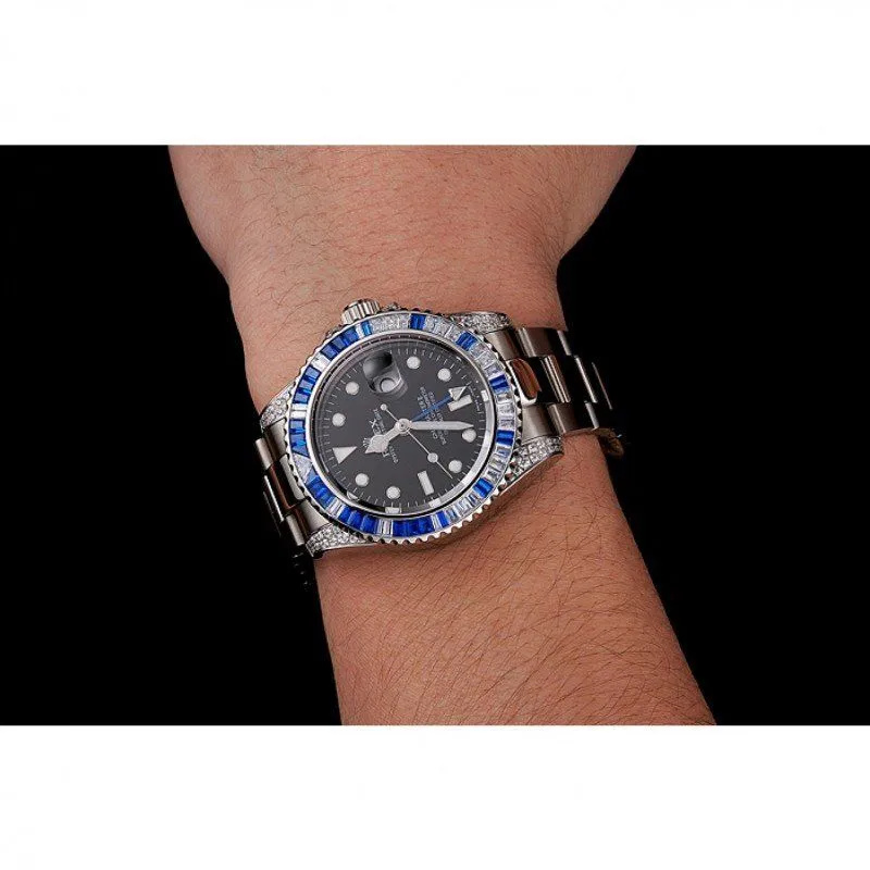 Swiss GMT Master II Black Dial Stone Set Bezel Stainless Steel Case And Bracelet 1453747