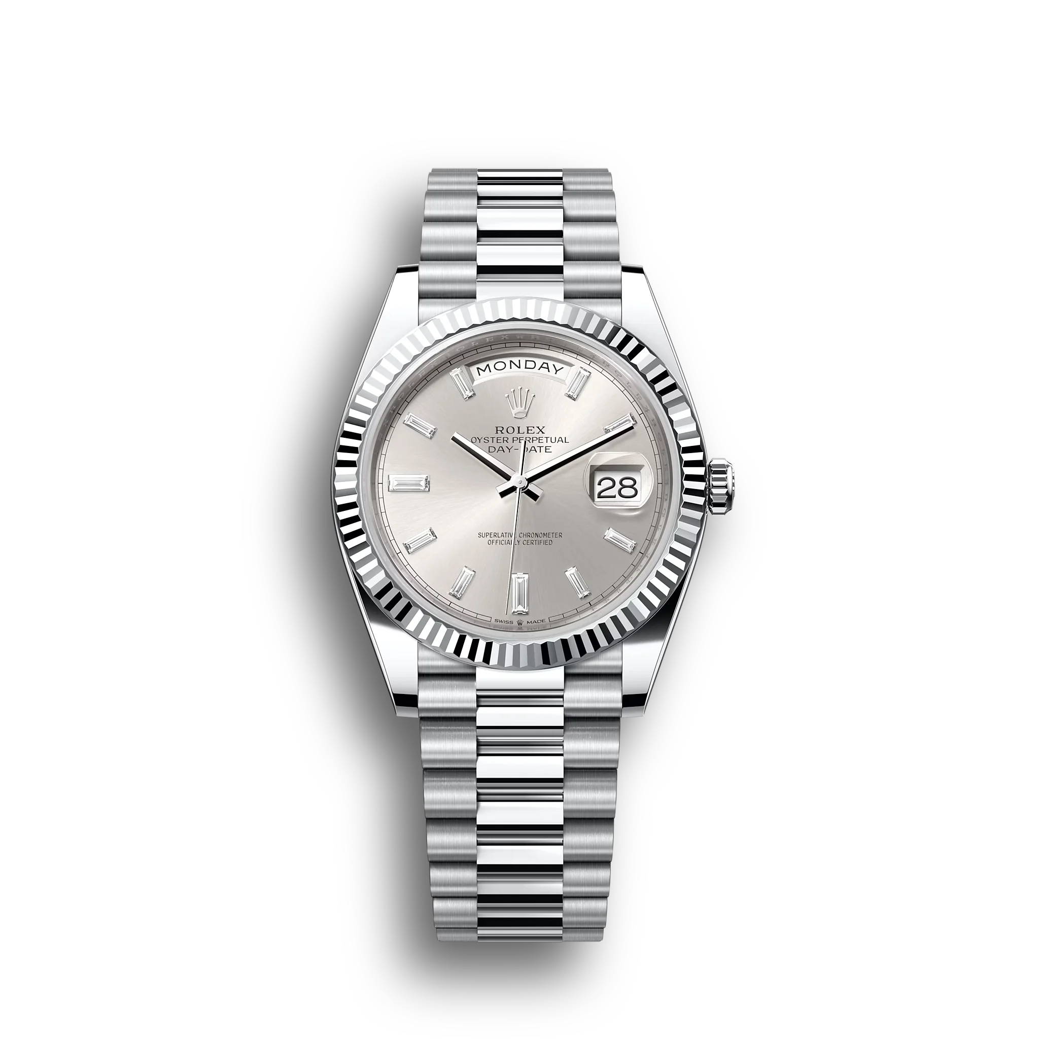 Day-Date: platinum, silver, diamond-set dial, fluted bezel, President bracelet, m228236-0002