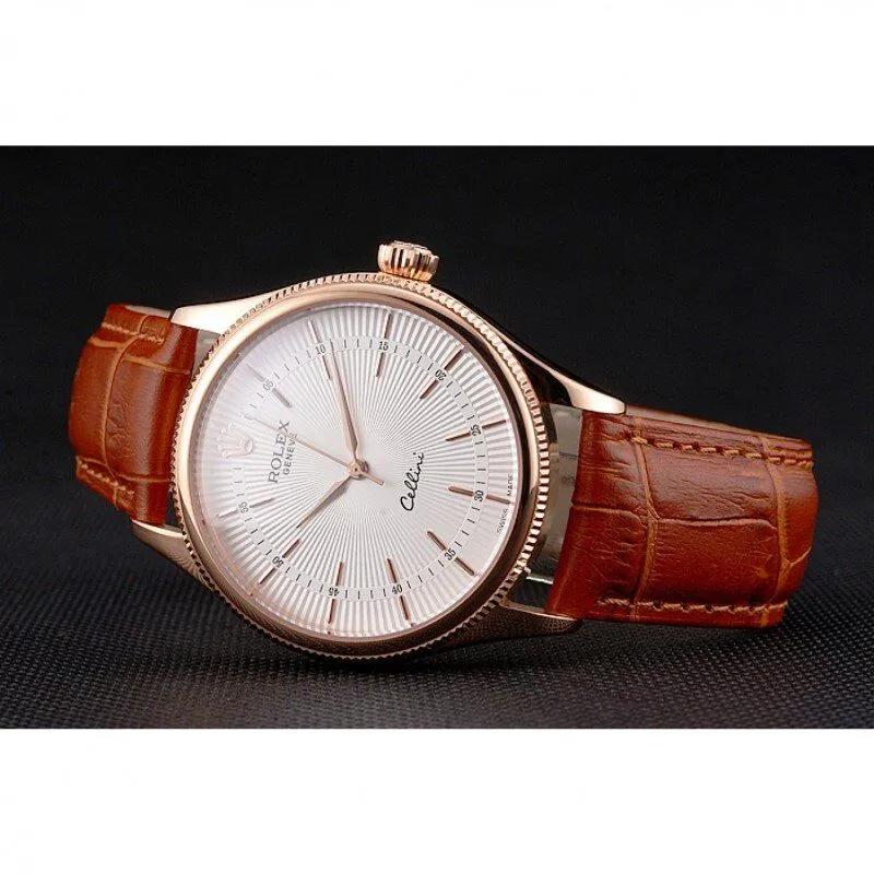 Swiss Cellini White Dial Rose Gold Case Brown Leather Strap