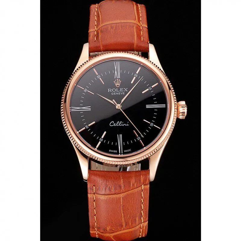 Swiss Cellini Black Dial Roman Numerals Rose Gold Case Light Brown Leather Strap