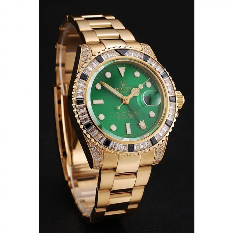 Swiss GMT Master II Green Dial Stone Set Bezel Gold Case And Bracelet 1453748