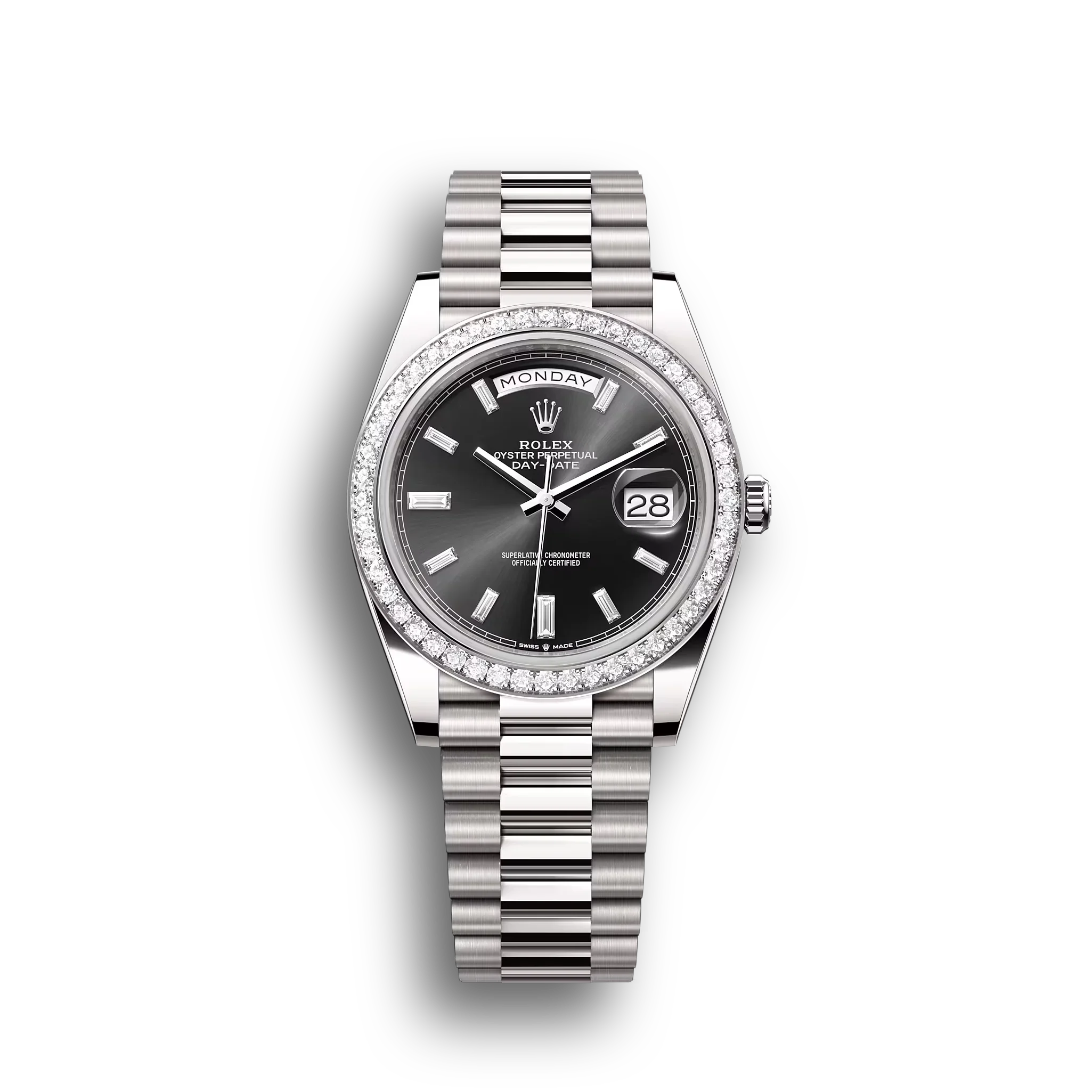 Day-Date: white gold, with a bright black, diamond-set dial, diamond-set bezel and a President bracelet, m228349rbr-0003