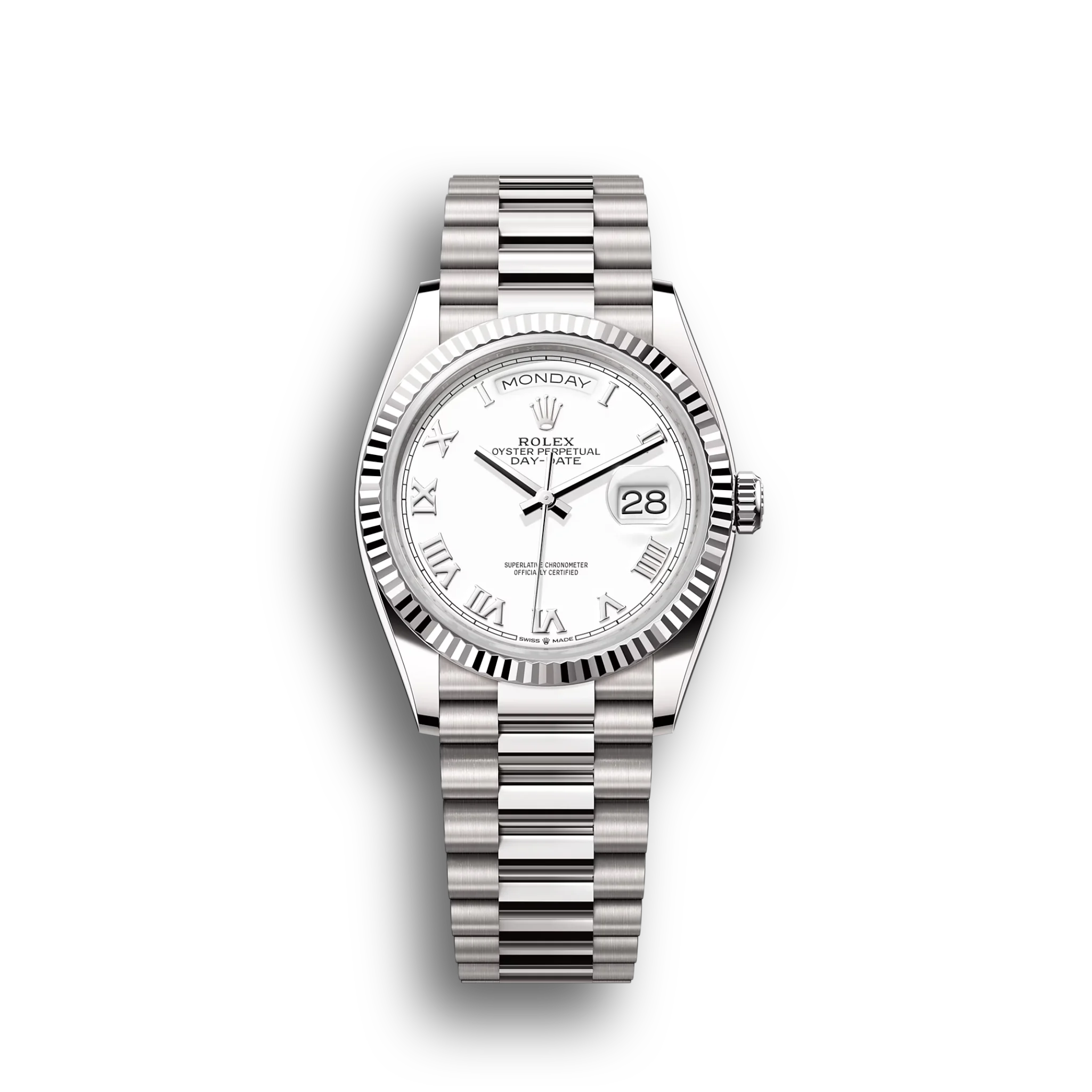 Day-Date: White gold, white dial, fluted bezel, President bracelet, m128239-0038