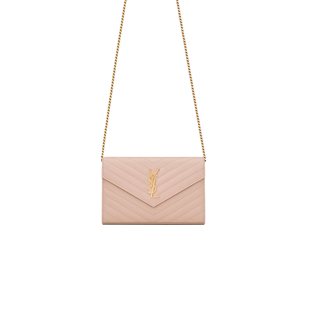 YSL CASSANDRE MATELASSÉ CHAIN WALLET IN GRAIN DE POUDRE EMBOSSED LEATHER