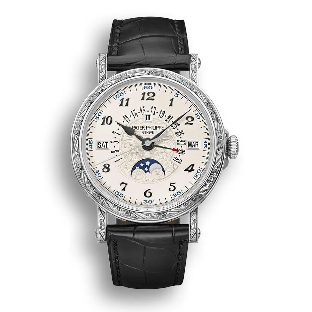 Perpetual calendar with retrograde date hand 38 mm,White gold,5160/500G-001