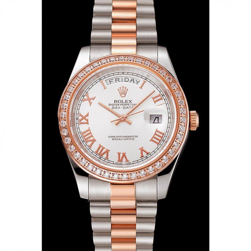 Swiss Day-Date Diamonds Bezel White Dial Rose Gold And Staineless Steel Bracelet 1454108