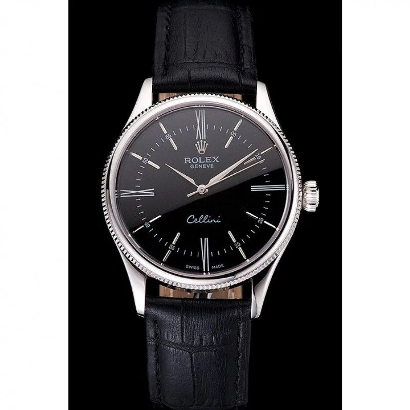 Swiss Cellini Black Dial Roman Numerals Stainless Steel Case Black Leather Strap