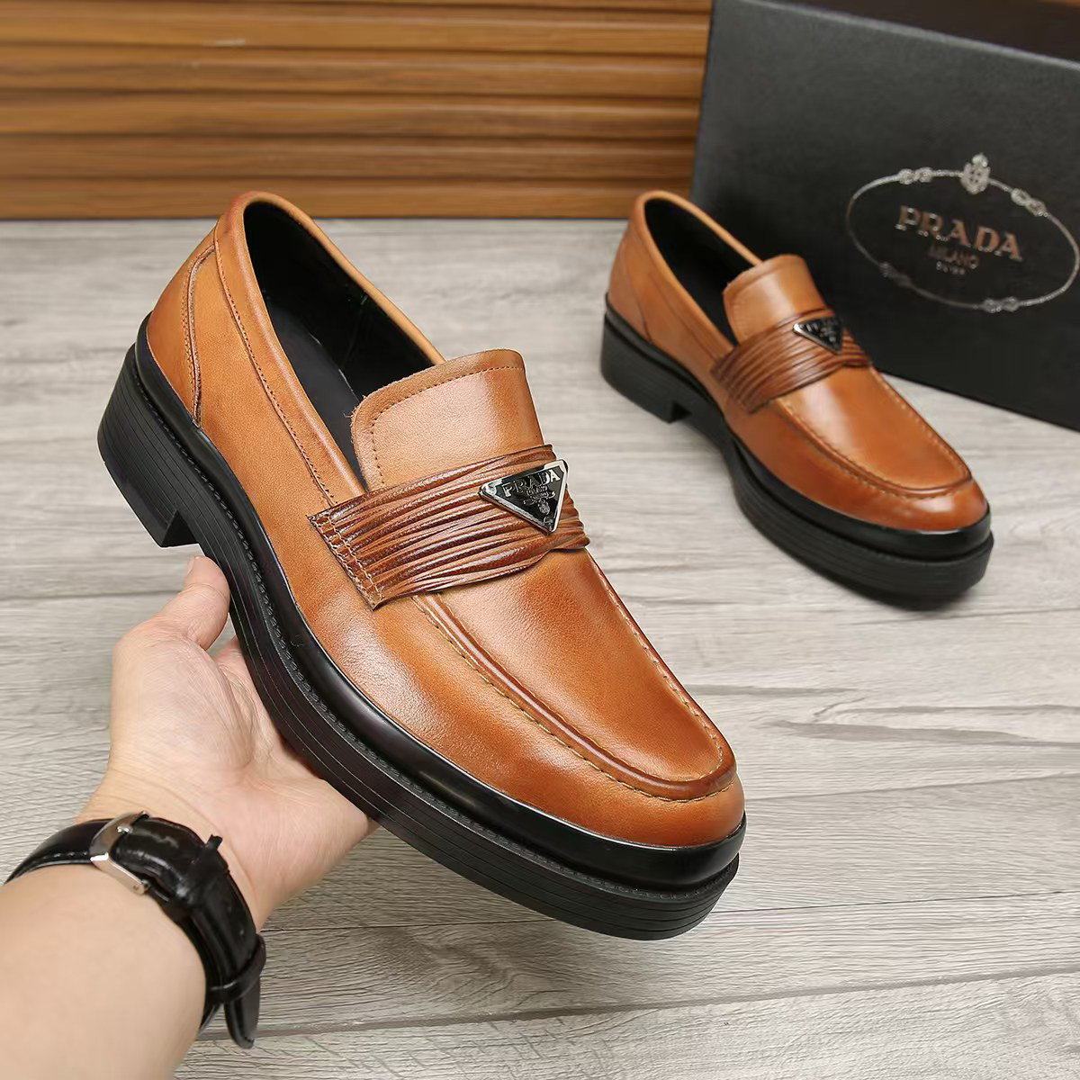 Prada men's leather shoes-2