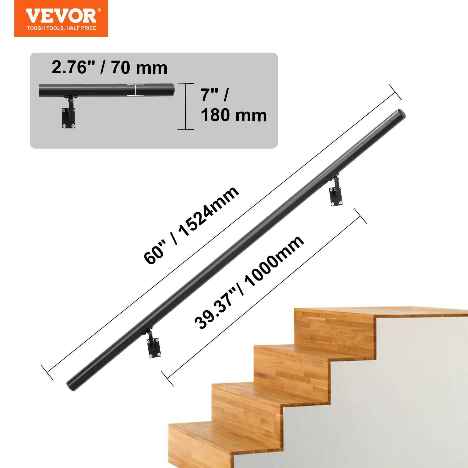 VEVOR Handrail Stair Railing 7 in. H x Wall Mount Handrails for Outdoor Stairs Black Aluminum Alloy Stair Railing Kit