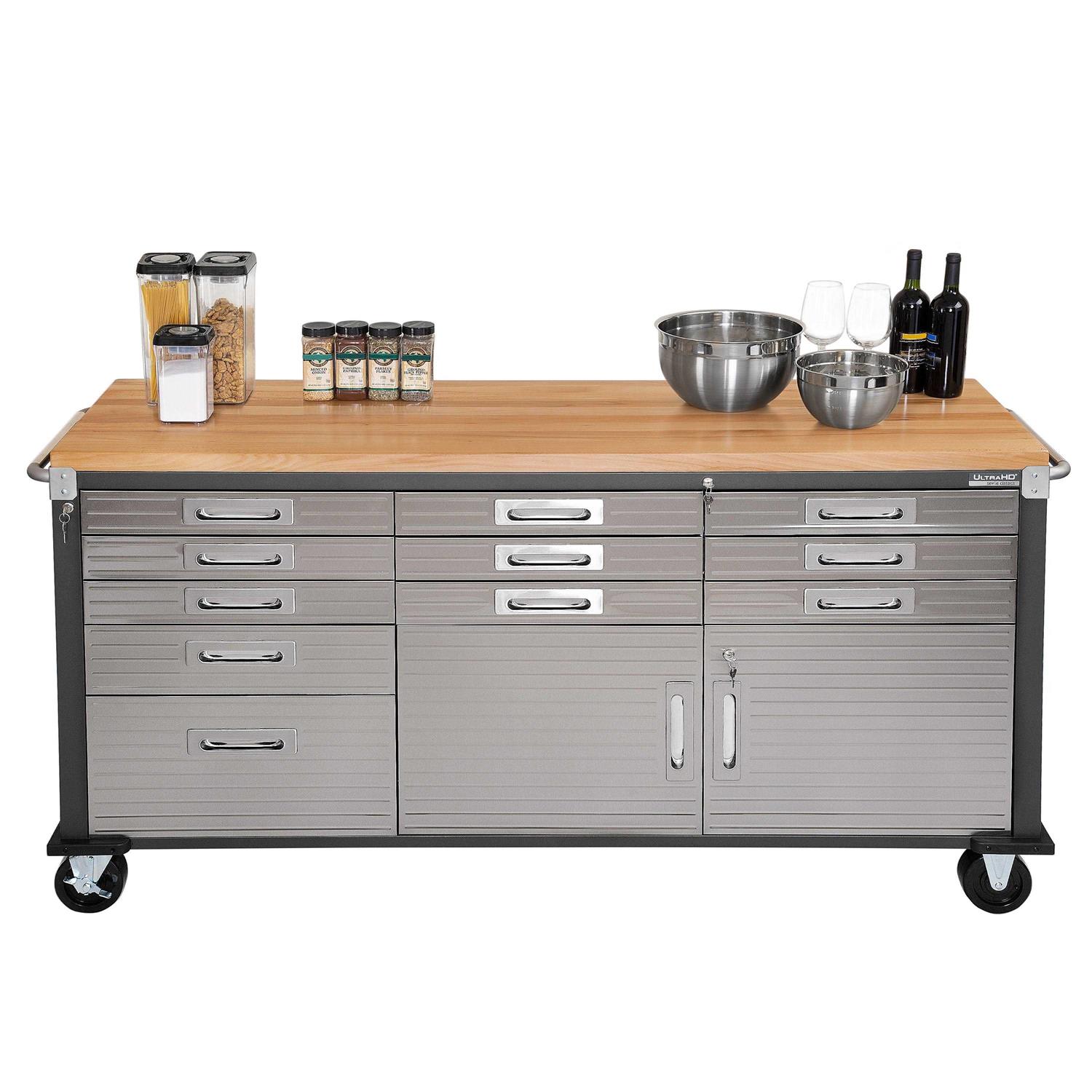 Seville Classics UltraHD Heavy Duty Rolling Cabinet Workbench Table w/Solid Wood Top