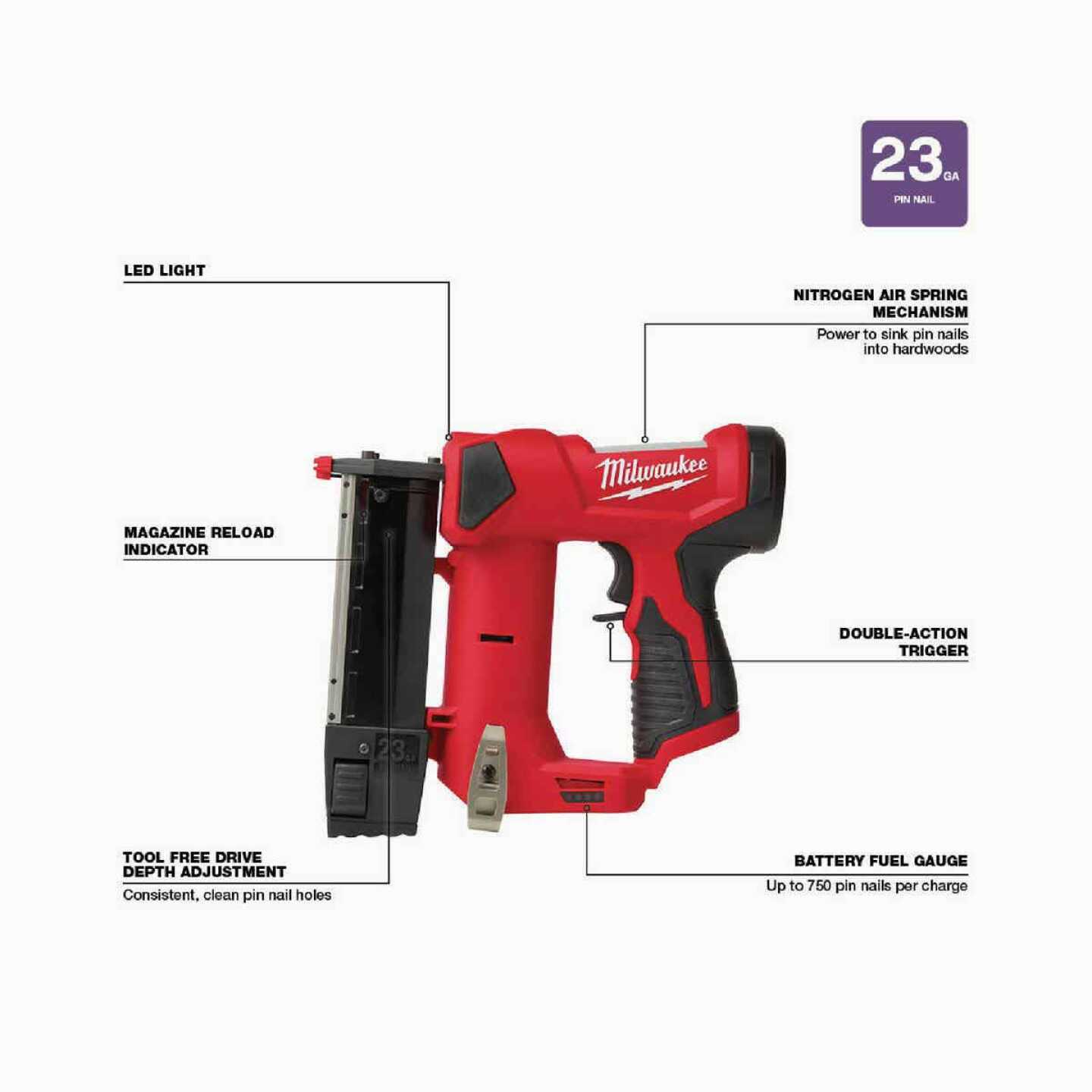 Milwaukee 2540-21 M12 23 Gauge Pin Nailer Kit