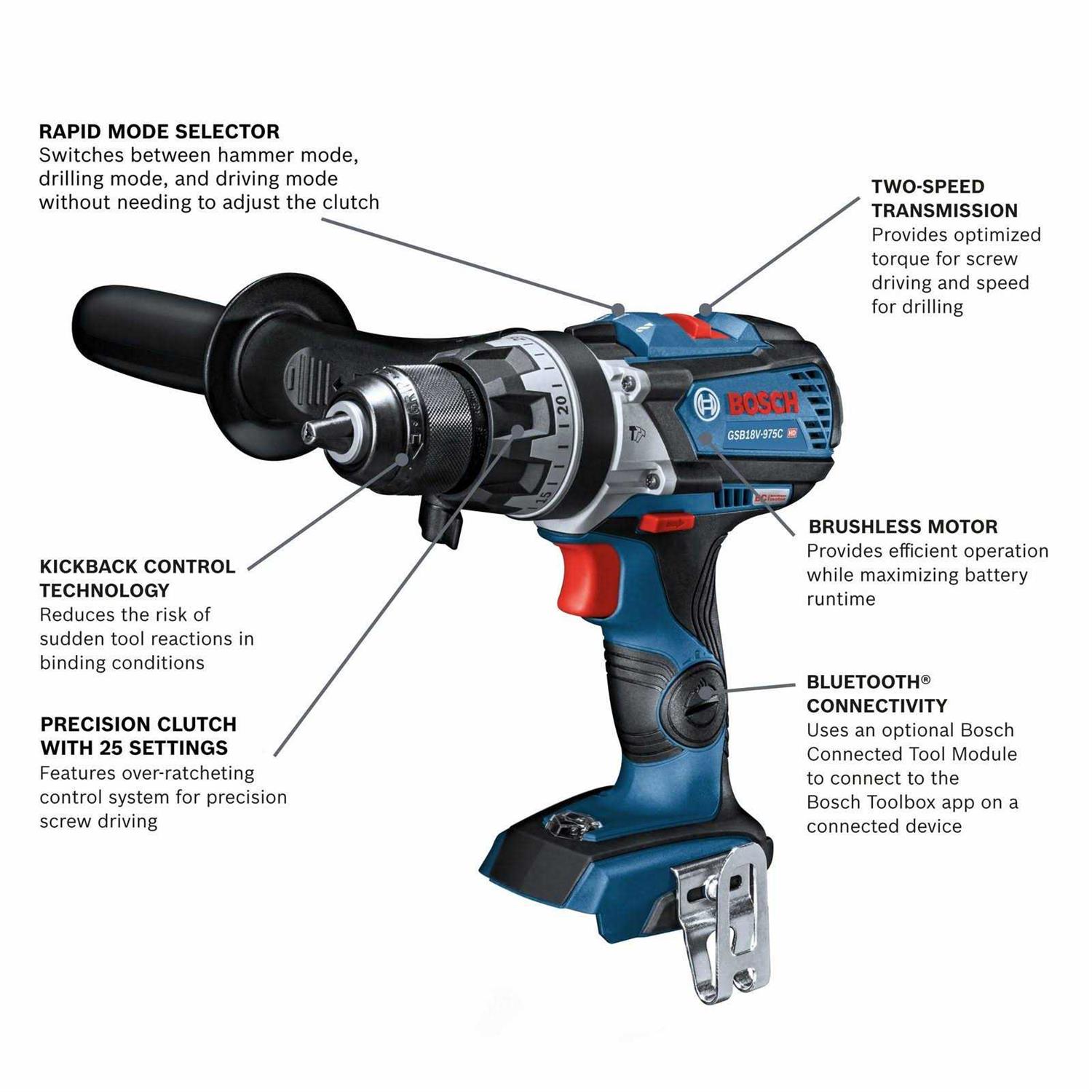 Bosch GSB18V-975CN 18V Brushless Connected-Ready Brute Tough 1/2 in. Hammer Drill/Driver