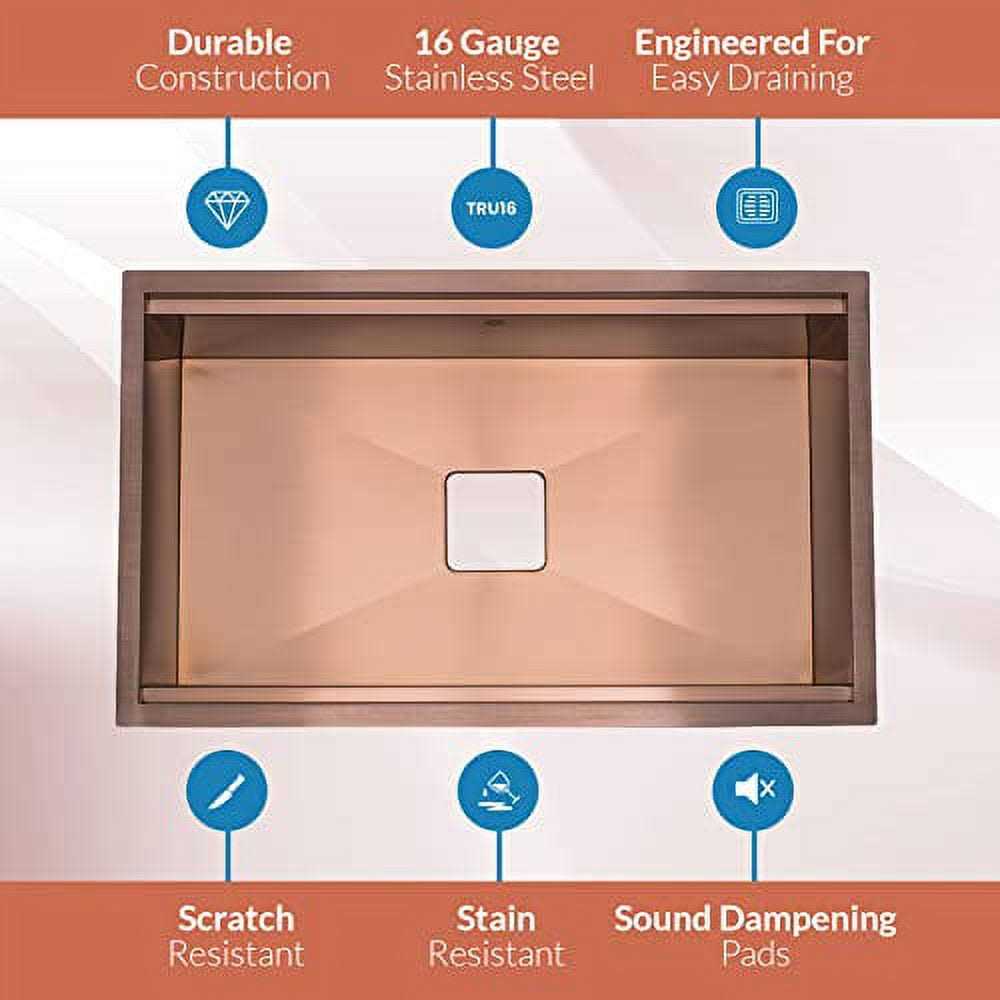 S Strictly Kitchen + Bath Copper 32 in. Stainless Steel Single Bowl Undermount Workstation Kitchen Sink with Center Square Drain and Accessories