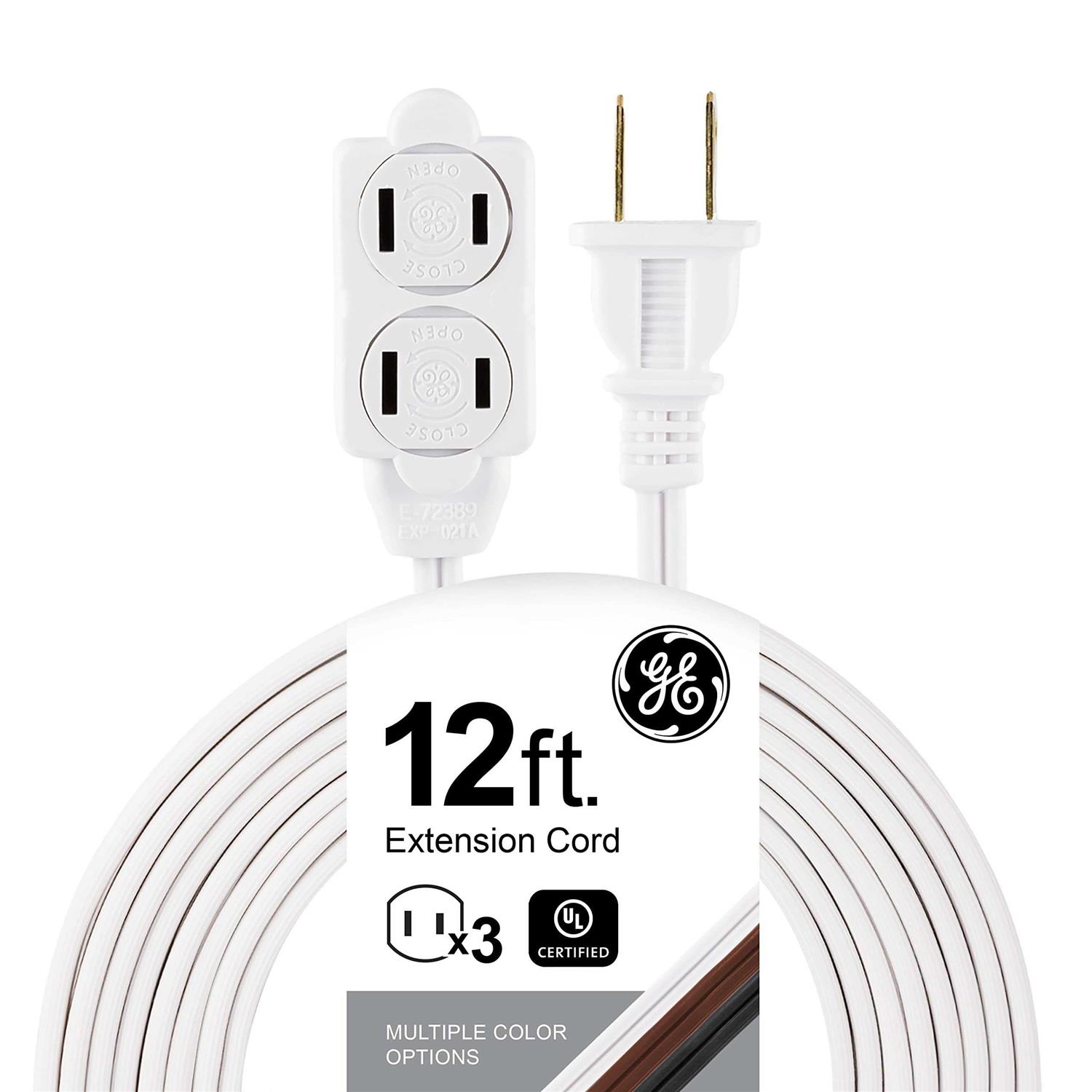 Ge 3-Outlet Extension Cord with Multiple Outlets 12 Ft Extension Cord Power Strip 2 Prong 16 Gauge Twist-to-close Safety Outlet Covers Outdoor