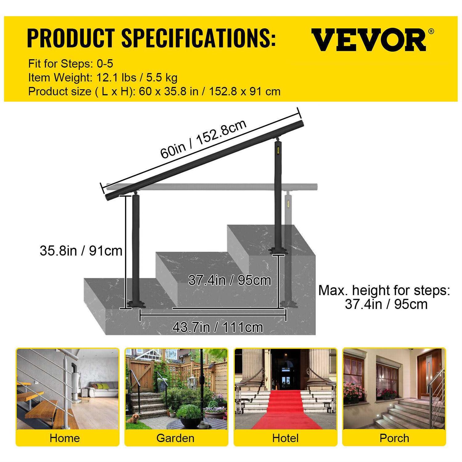 VEVOR Outdoor Stair Railing Kit 5 FT Handrails 0-5 Steps Adjustable Angle Aluminum Stair Hand Rail
