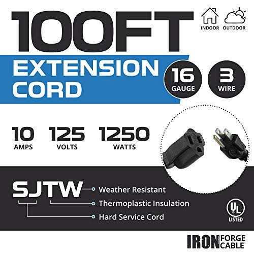Iron Forge Cable 100 Feet Heavy Duty Extension Cord 16/3 Black 100 Foot Extension Cord Indoor/Outdoor Use