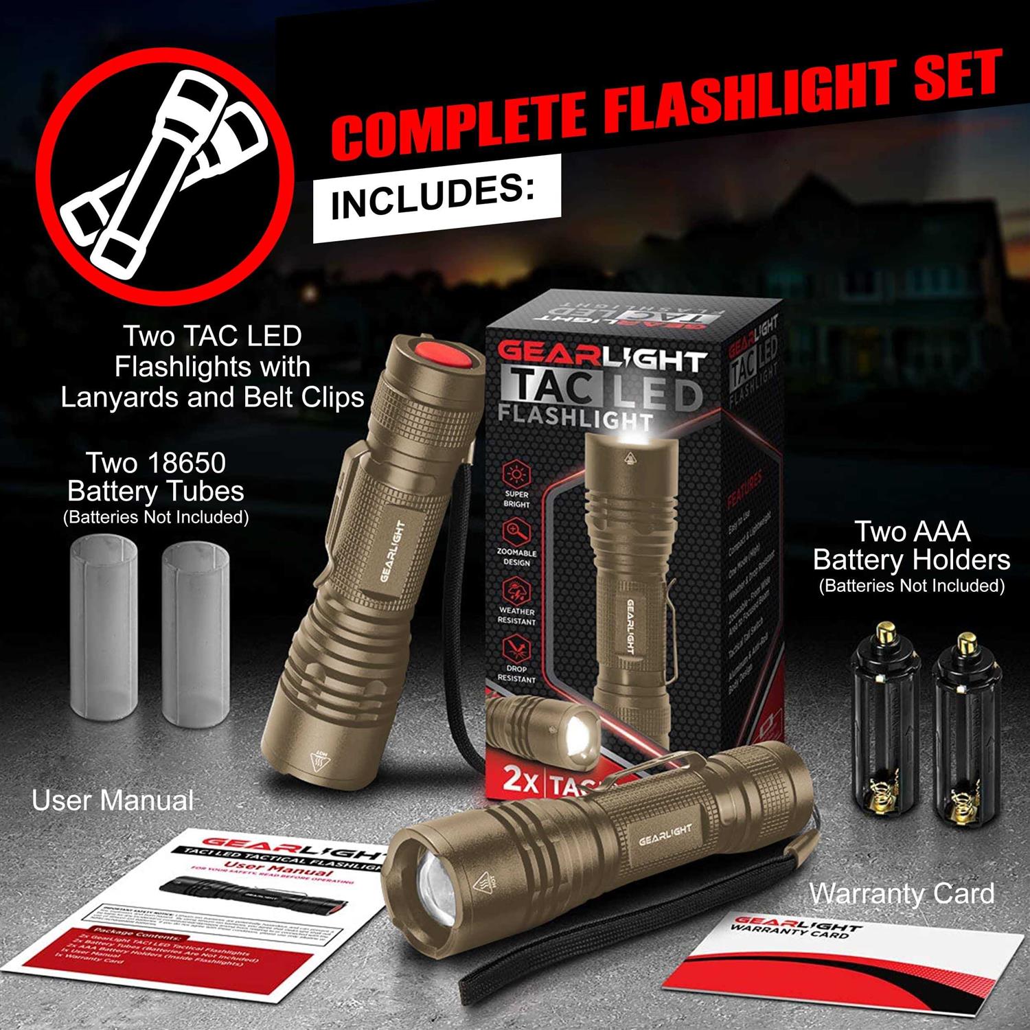 GearLight TAC LED Flashlight Pack 2 Super Bright Compact Tactical Flashlights with High Lumens for Outdoor Activity & Emergen