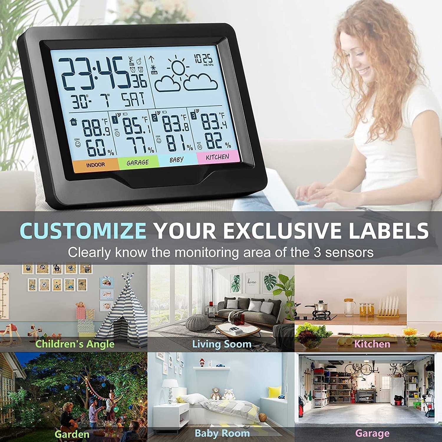 Oule GmbH Weather Stations Indoor Outdoor Thermometer Wireless Temperature Humidity Monitor with Digital Atomic Clock