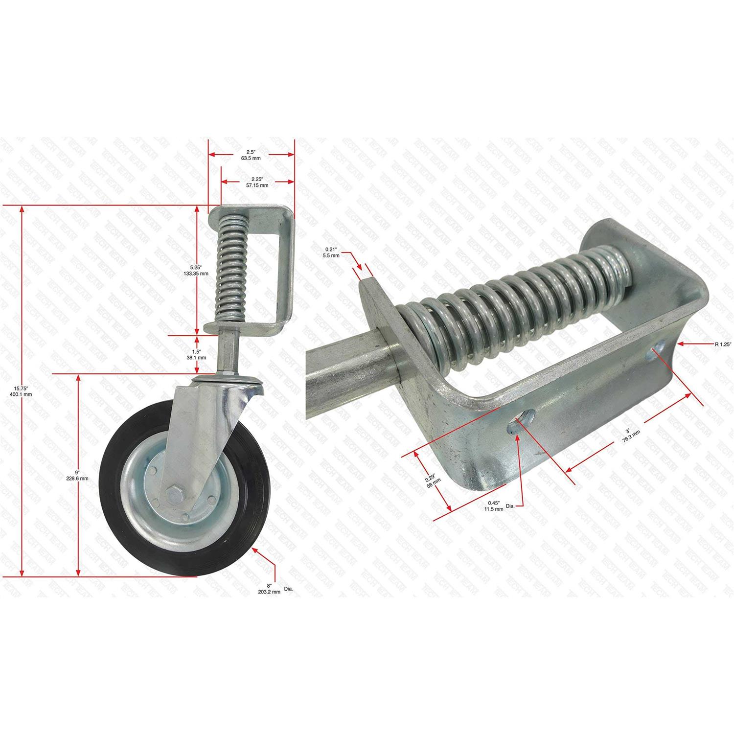Tech Team #00884 8-Inch Spring-Loaded Gate Caster 275 Pound Capacity