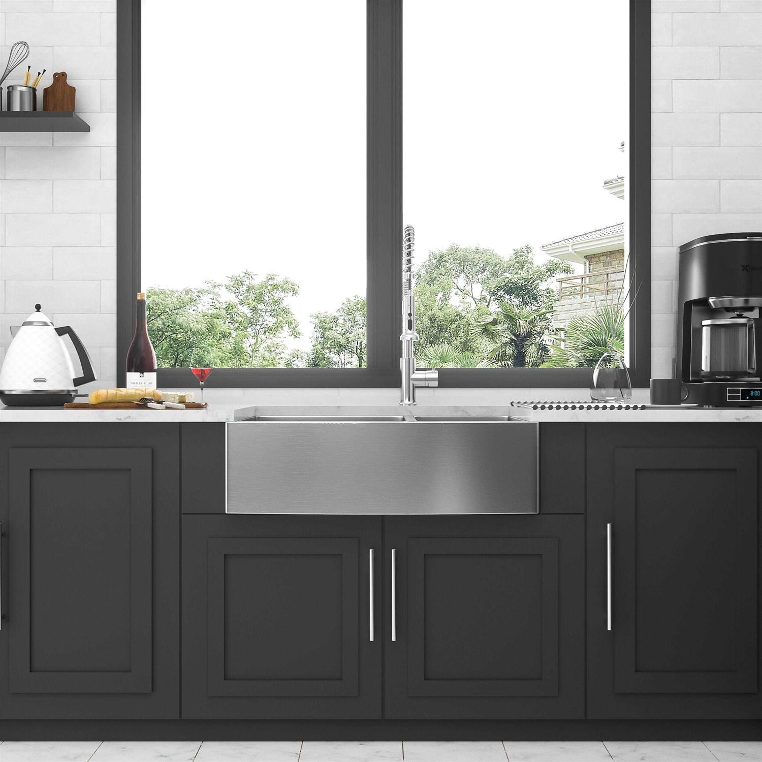 stufurhome Lod 33 in. Farmhouse/Apron-Front Double Bowl Brushed Nickel Stainless Steel Kitchen Sink with Two 10 Deep Basin YBX-W1243122100