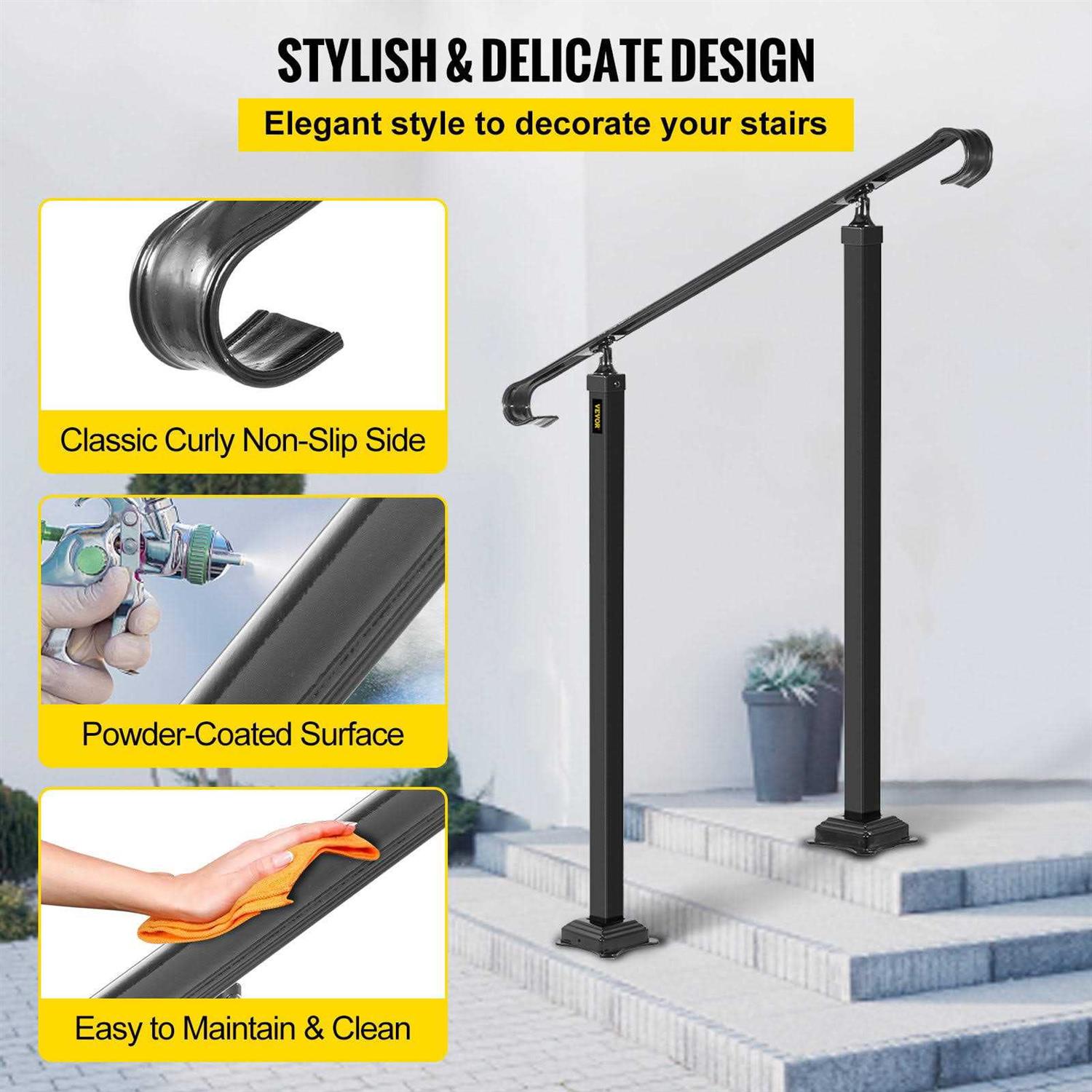 VEVOR Handrails for Outdoor Steps Fit 1-3 Steps Outdoor Stair Railing Wrought Iron Handrail Adjustable Front Porch Railing Banister Black Transitional LTFS1MLZFS0000001V0