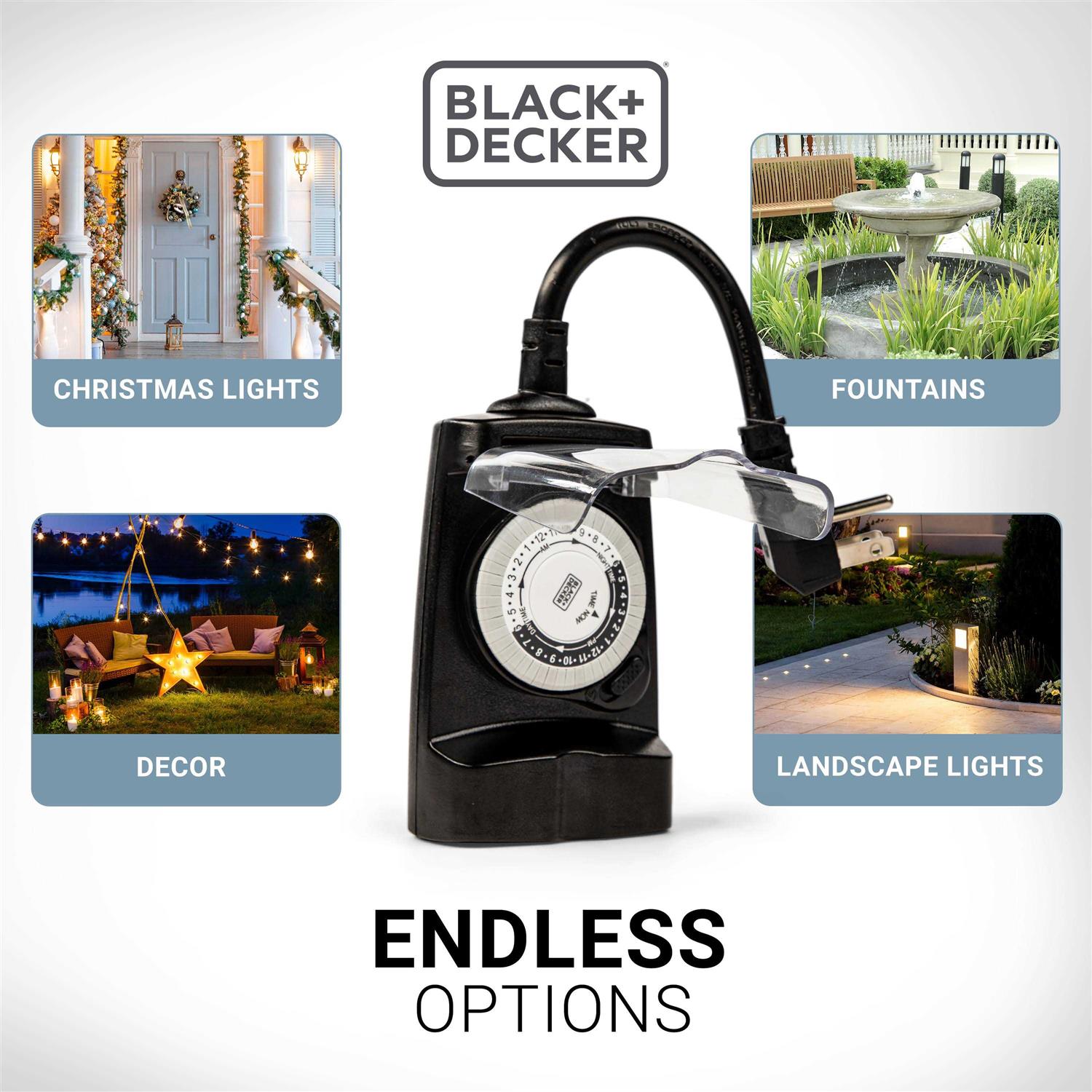 BLACK+DECKER Outdoor 2 Grounded Outlets Timer with Waterproof Outlet Timer for Lights BDXPA0030