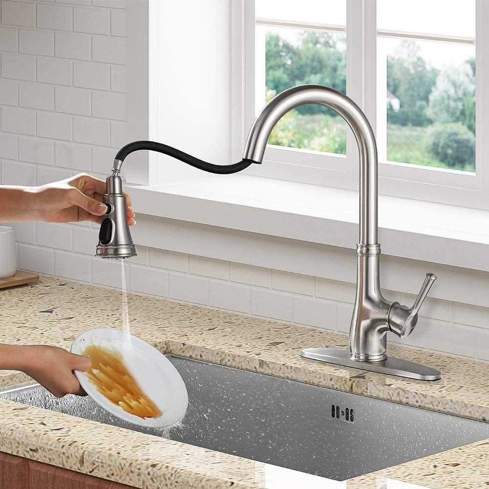 Wewe Single Handle High Arc Brushed Nickel Pull Out Kitchen Faucet,Single Level Stainless Steel Kitchen Sink Faucets with Pull Down Sprayer