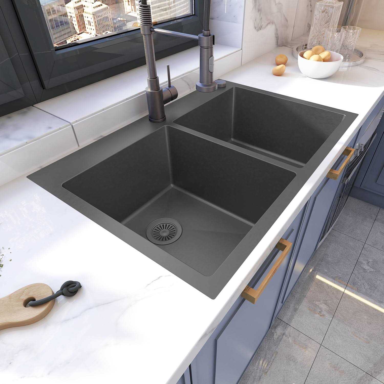 Sinber 33 inch x 22 inch x 9 inch Drop In Double Bowl Kitchen Sink with 18 Gauge 304 Stainless Steel HT3322D-BW