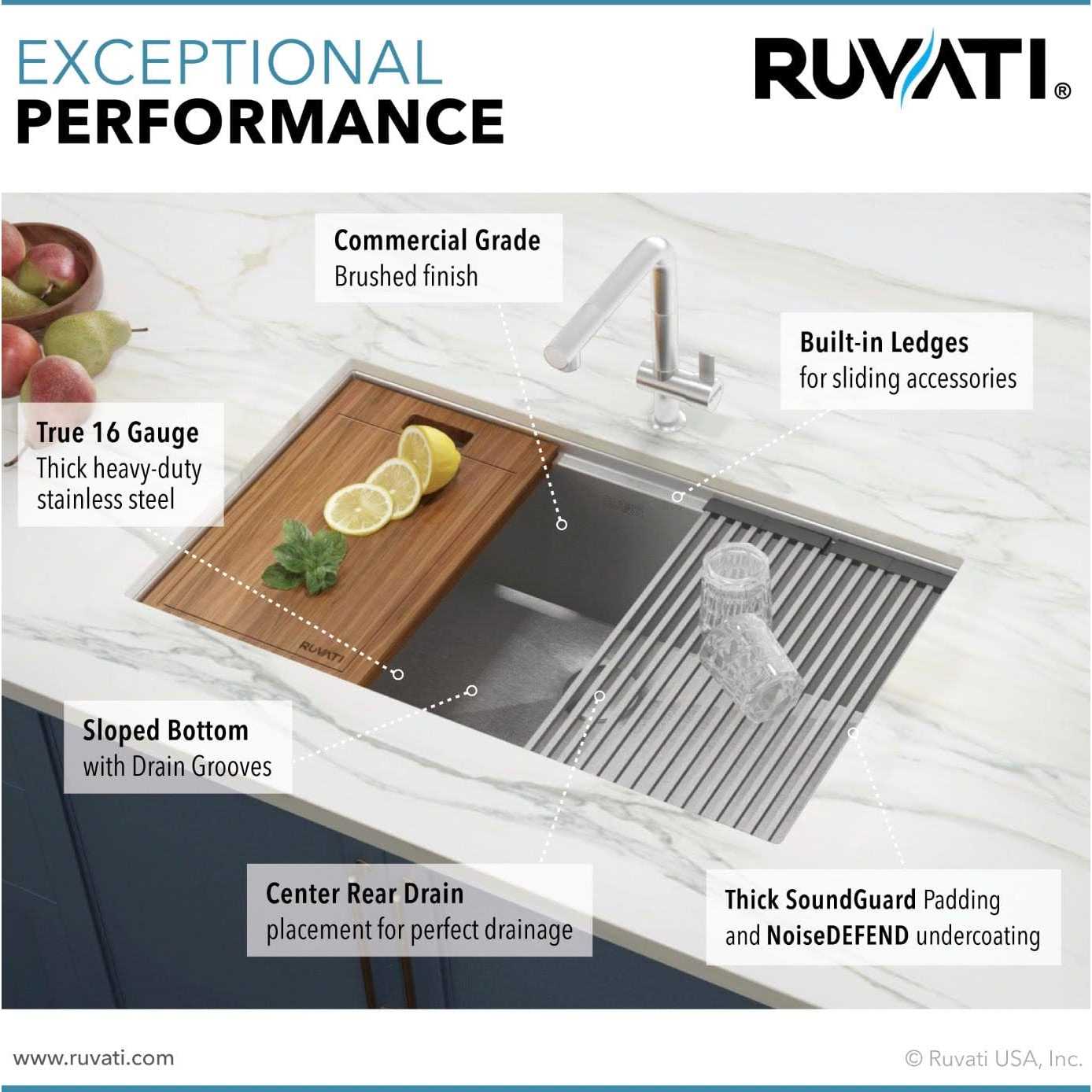 Ruvati 32-inch Workstation Ledge Undermount 16 Gauge Stainless Steel Kitchen Sink Single Bowl RVH8301