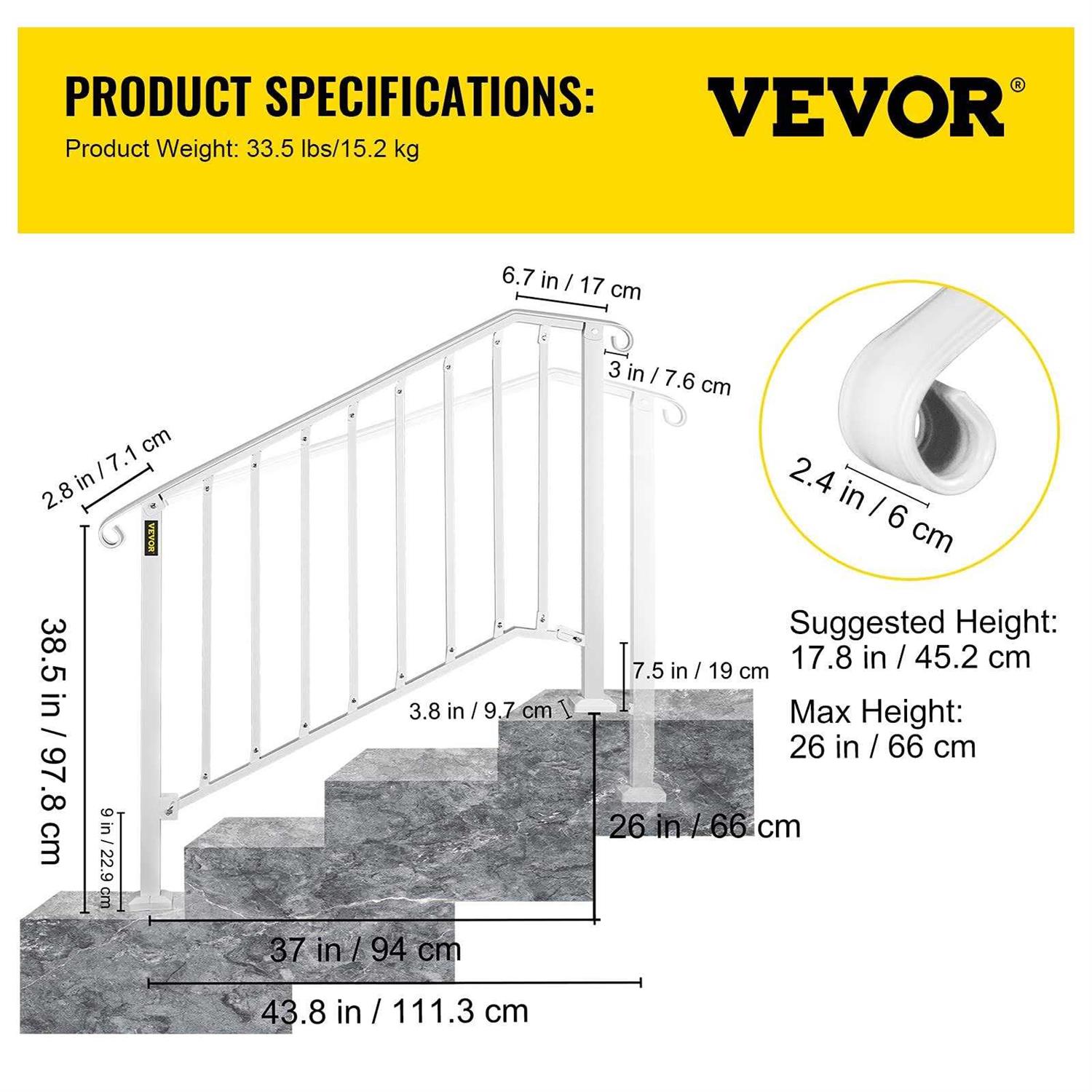 VEVOR 3 ft. Handrails for Outdoor Steps Fit 3 or 4 Steps Outdoor Stair Railing Wrought Iron Handrail with baluster