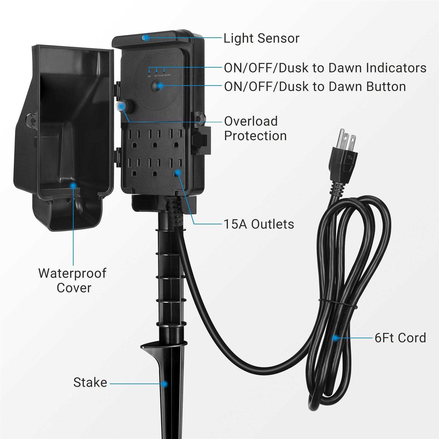 Dewenwils Outdoor Power Strip Yard Stake Timer with Photocell 6FT Extension Cord