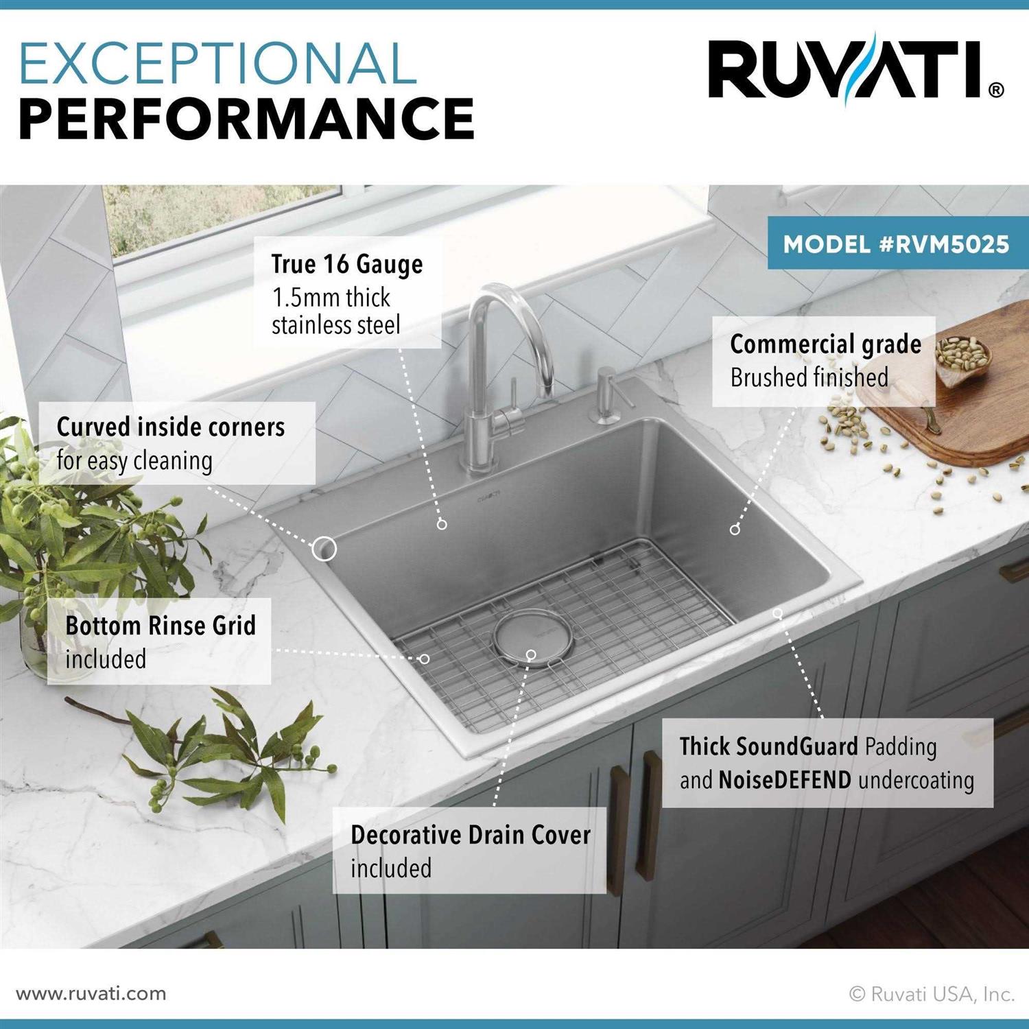 Ruvati 25 x 22 inch Drop-in Topmount Kitchen Sink 16 Gauge Stainless Steel Single Bowl RVM5025