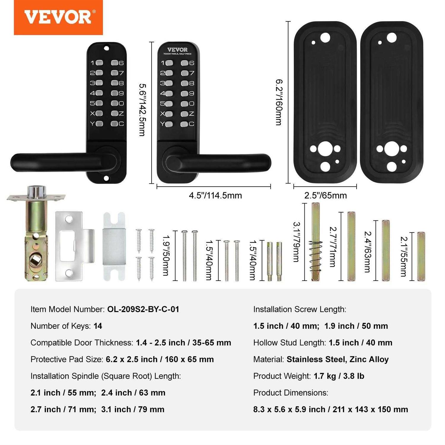 VEVOR Mechanical Keyless Entry Door Lock, 14 Digit Keypad, Water-proof Zinc Alloy, Double-sided Embedded Outdoor Gate Door Locks Set with Keypad and