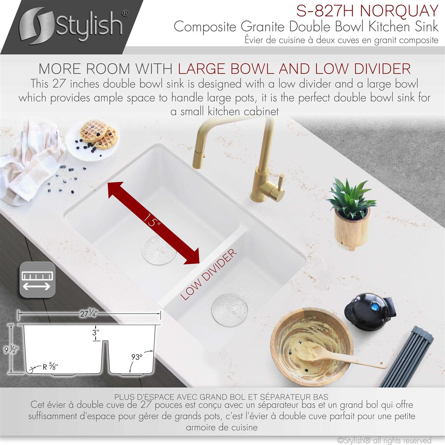 Stylish 27 inch Dual Mount 60/40 Double Bowl Composite Granite Kitchen Sink with Strainer