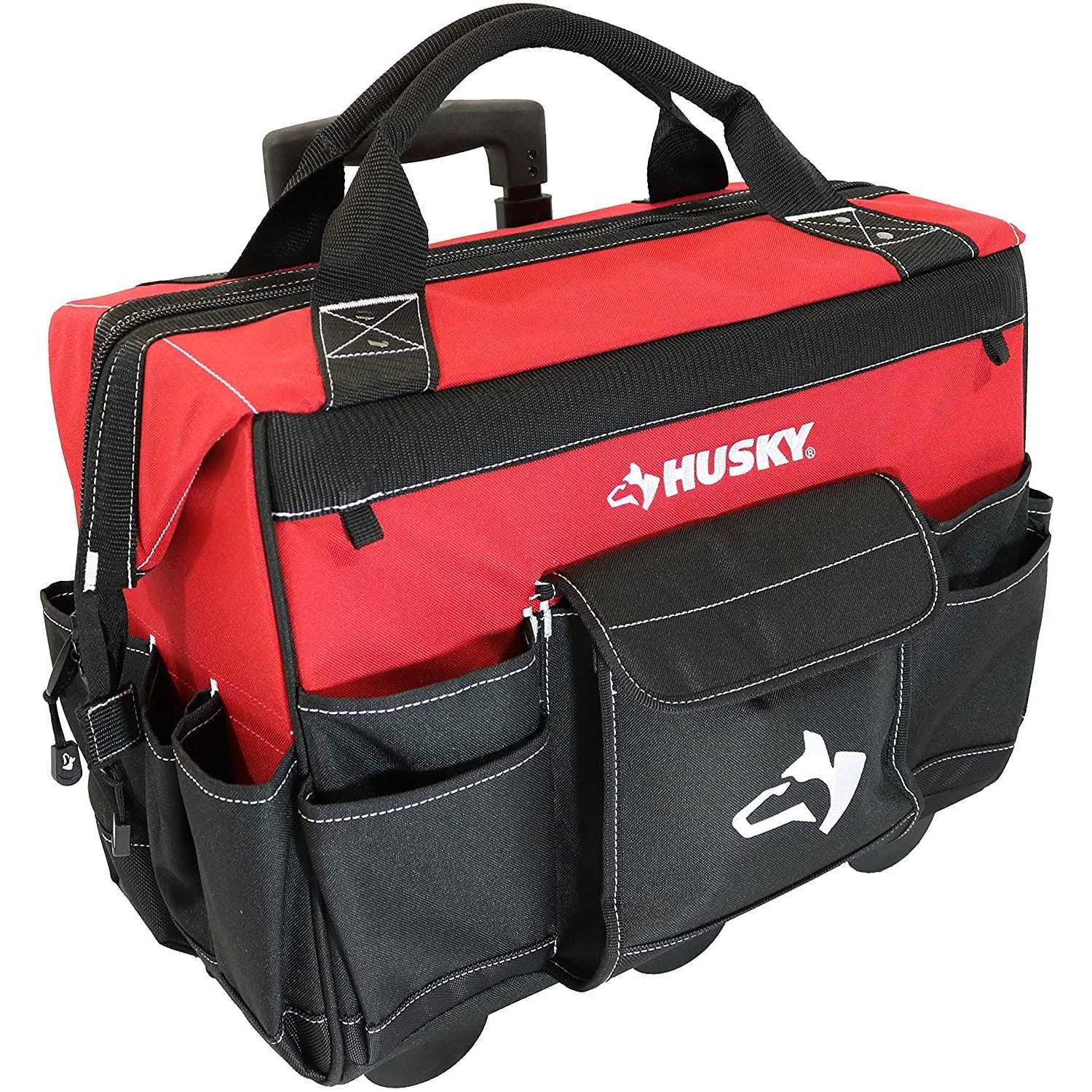 Husky GP-43196N13 18 600-Denier Red Water Resistant Contractor's Rolling Tool Tote Bag with Telescoping Handle
