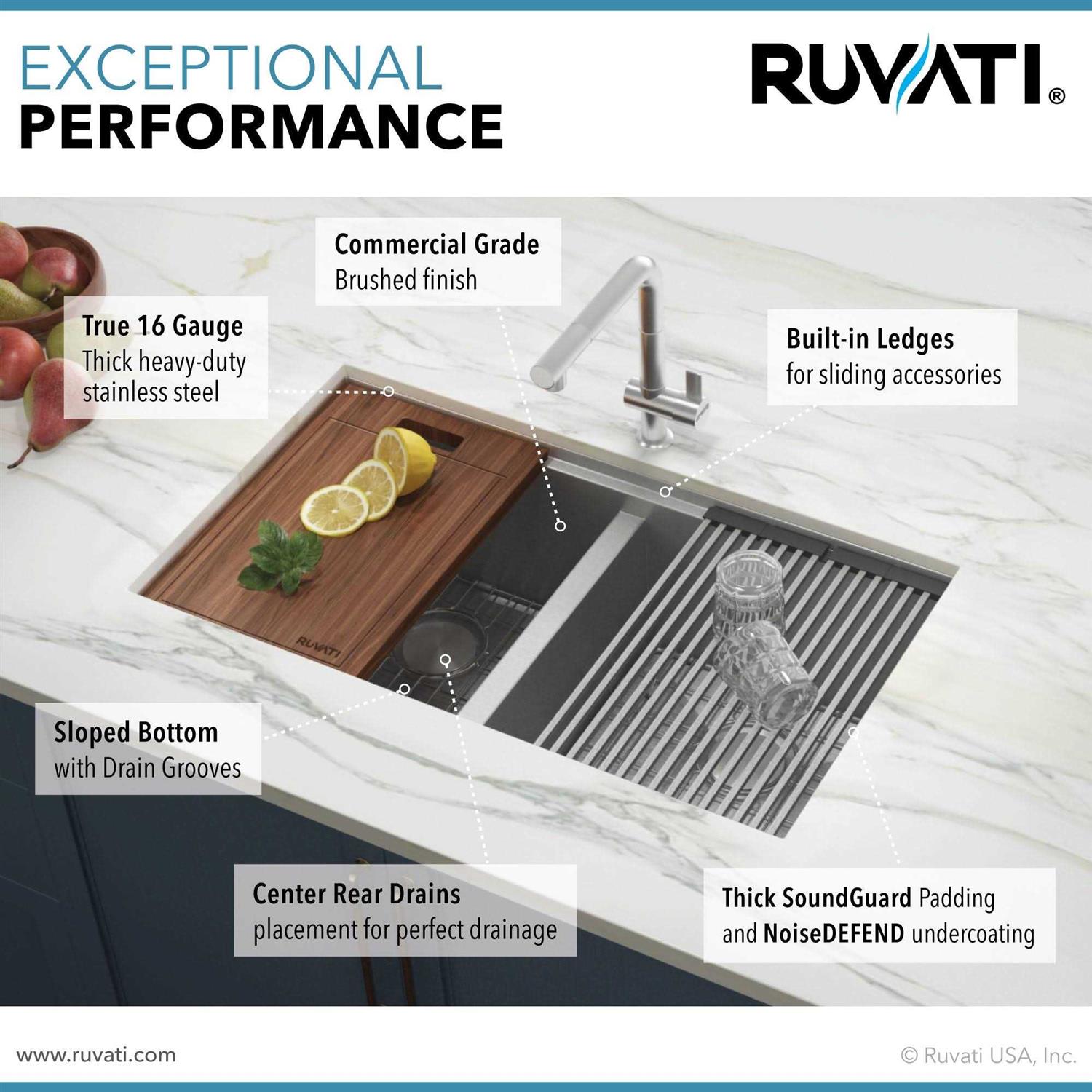 Ruvati 33-inch Workstation Ledge 60/40 Double Bowl Undermount 16 Gauge Stainless Steel Kitchen Sink RVH8356