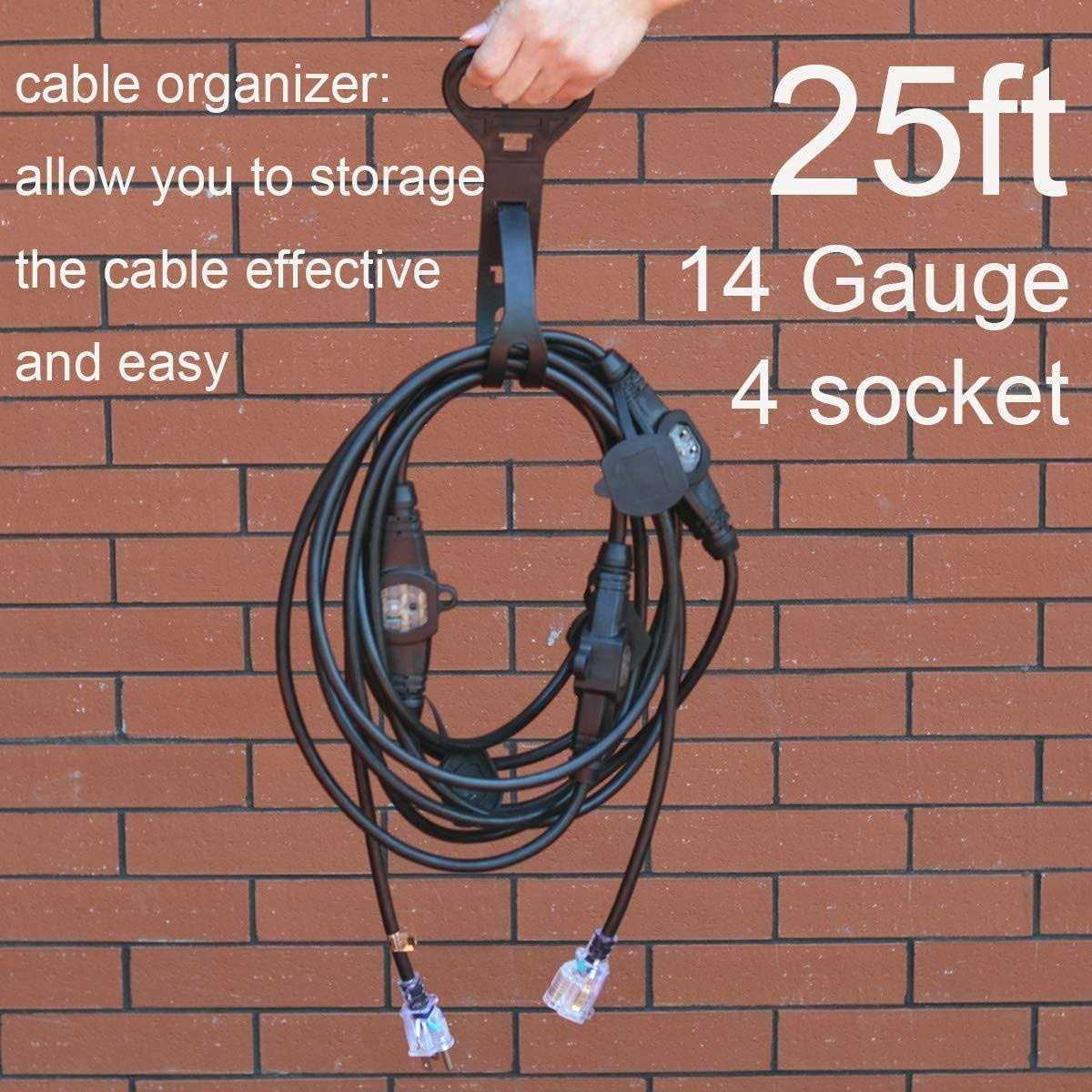 Yodotek 25ft Gauge Outdoor Power Extension Cord,Four Outlet Cable.Multiple Evenly-Spaced Plug Ideal for Landscaping Light,Stage Backline,Holiday