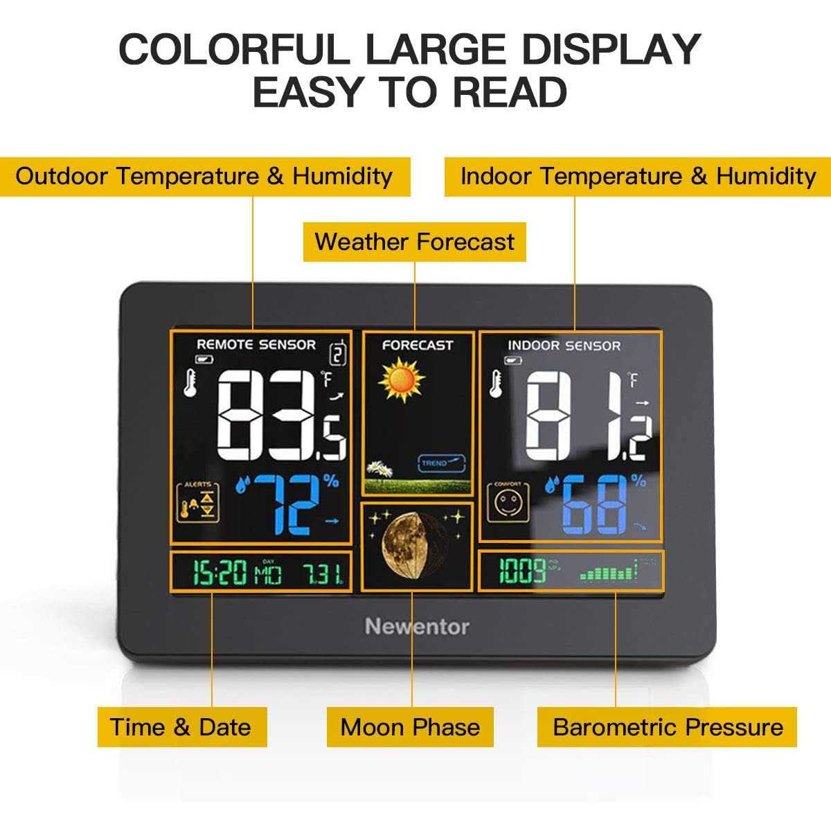 Newentor Weather Station Wireless Indoor Outdoor Thermometer Color Display Digital Weather Thermometer with Atomic Clock