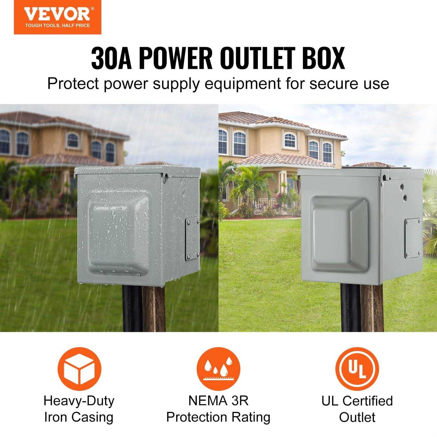 VEVOR 30 Amp RV Power Outlet Box 125/250 Volt Enclosed Lockable Outdoor RV Receptacle Box