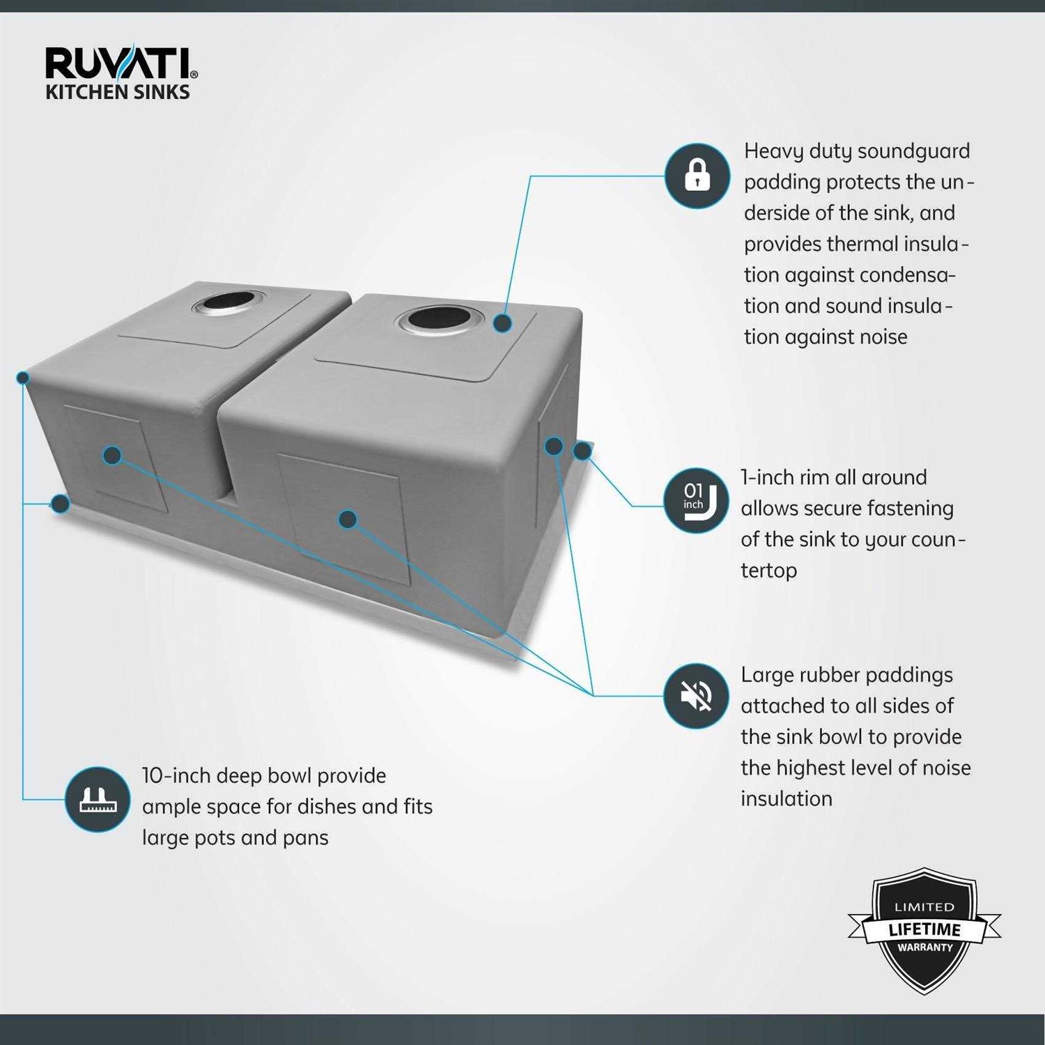 Ruvati 33-inch Low-Divide Undermount Tight Radius 60/40 Double Bowl 16 Gauge Stainless Steel Kitchen Sink RVH7419